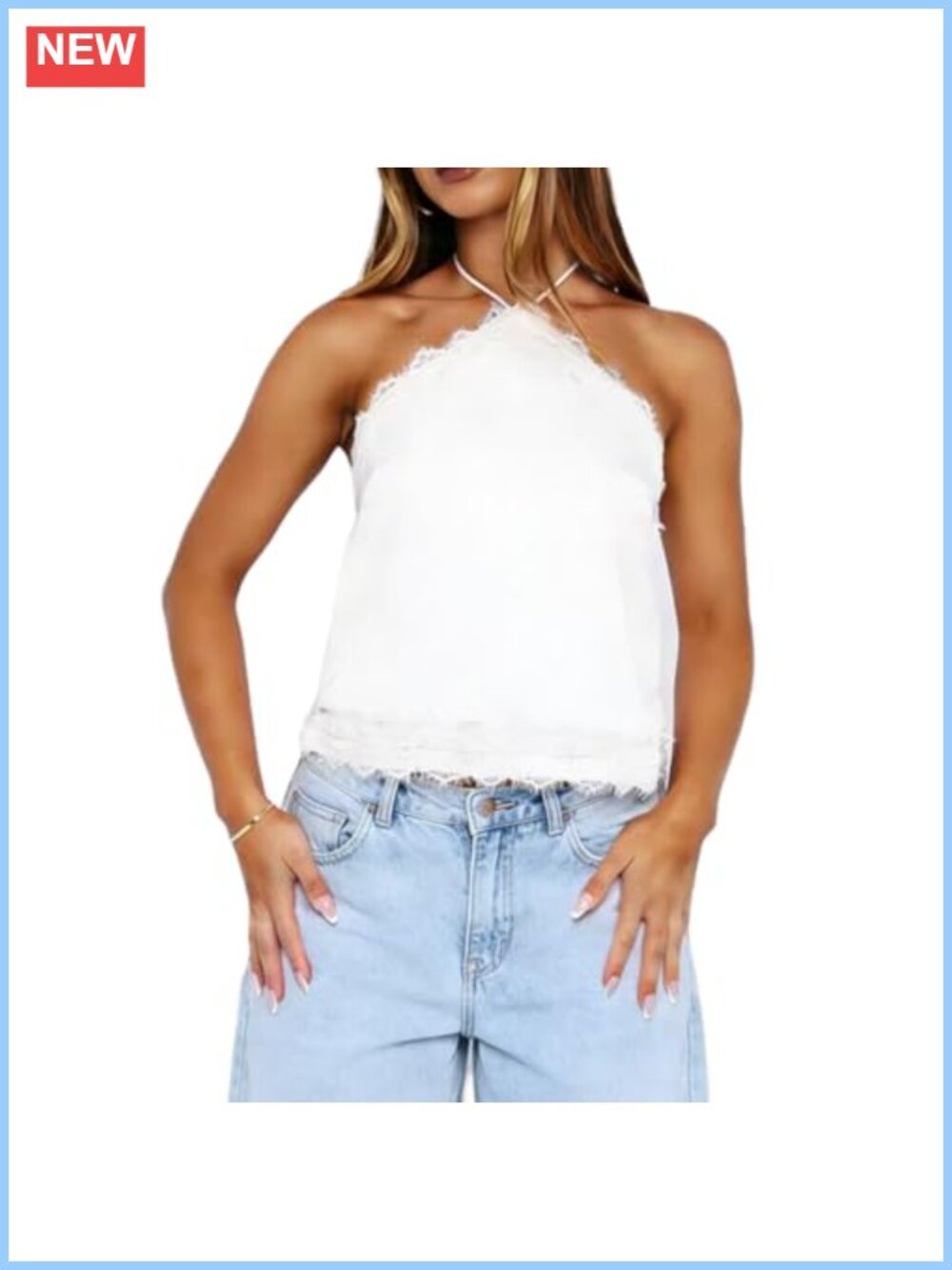 Women Halter Y2K Crop Top Sleeveless Lace Trim Open Back